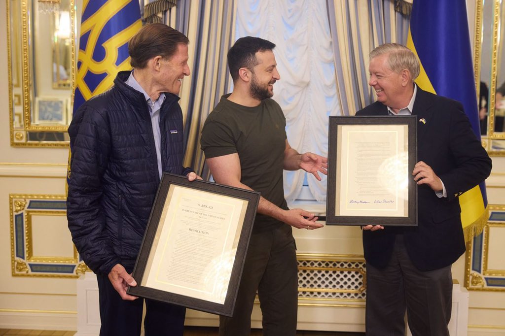 During their visit to Kyiv, Blumenthal and Graham presented President Zelenskyy with a copy of the resolution they have introduced to designate Russia as a state sponsor of terrorism.